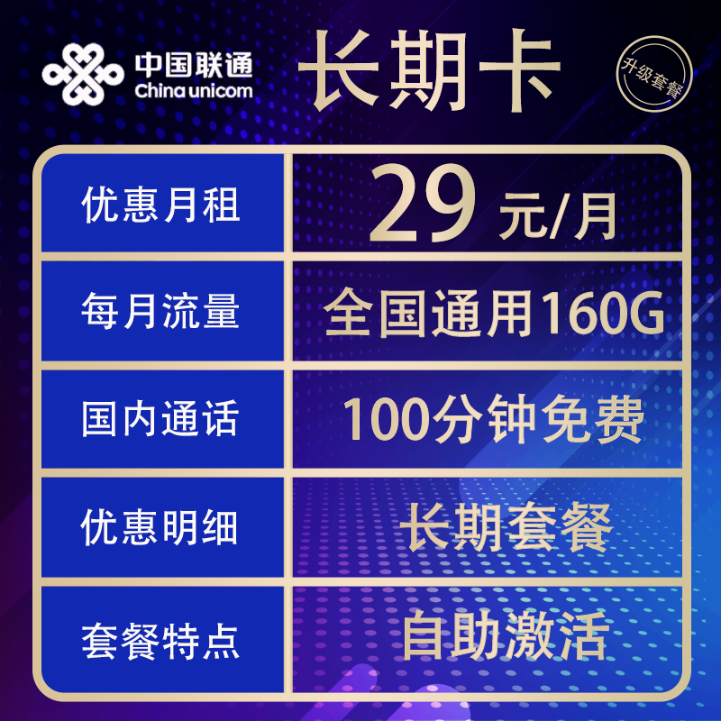 中国联通 长期卡 长期29元月租（自助激活+160G通用流量+100分钟通话+黄金速率+10元E卡）赠电风扇