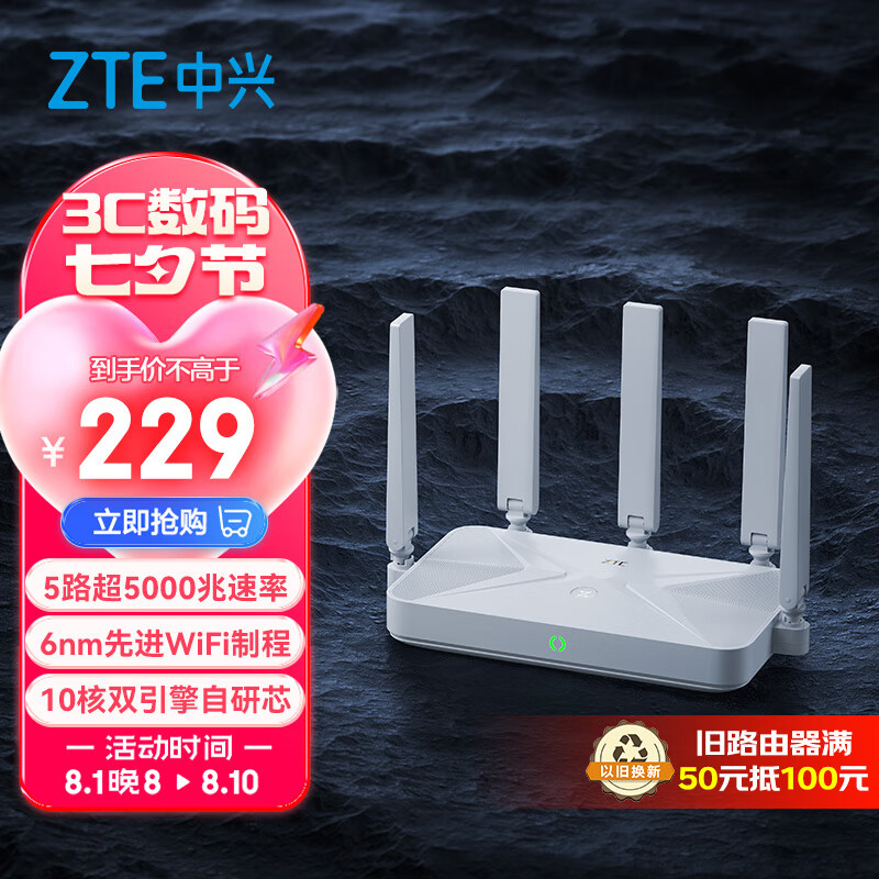 ZTE 中兴 巡天 BE5100 千兆双频无线家用路由器 WiFi7 ￥209