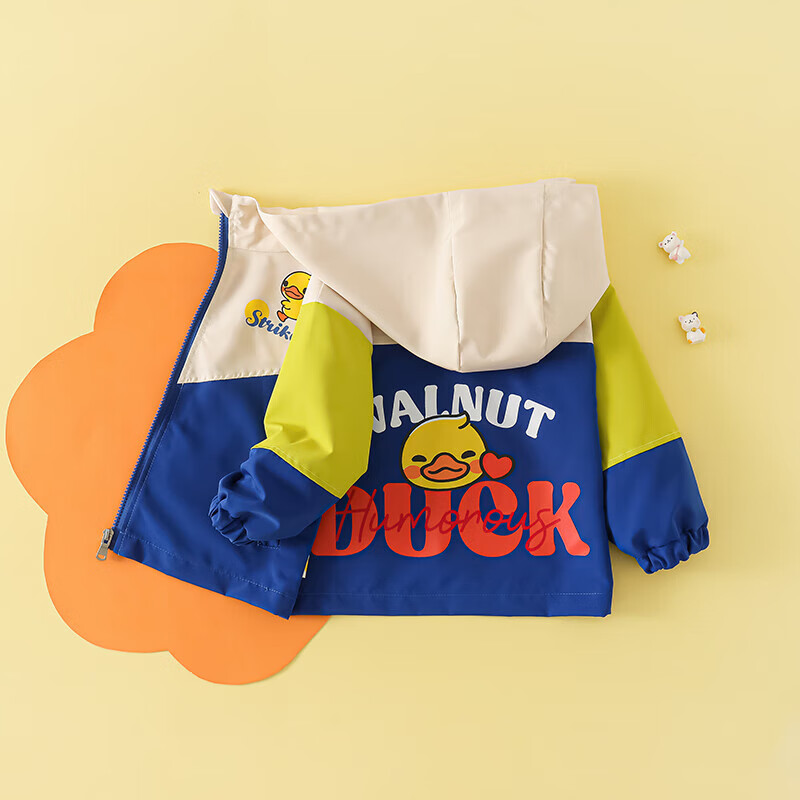 WALNUT DUCK 2024秋季新款帅气时尚百搭卡通棒球服外套秋款男女孩上衣 蓝色拼接连帽 100码(90CM-102CM) 券后49.9元