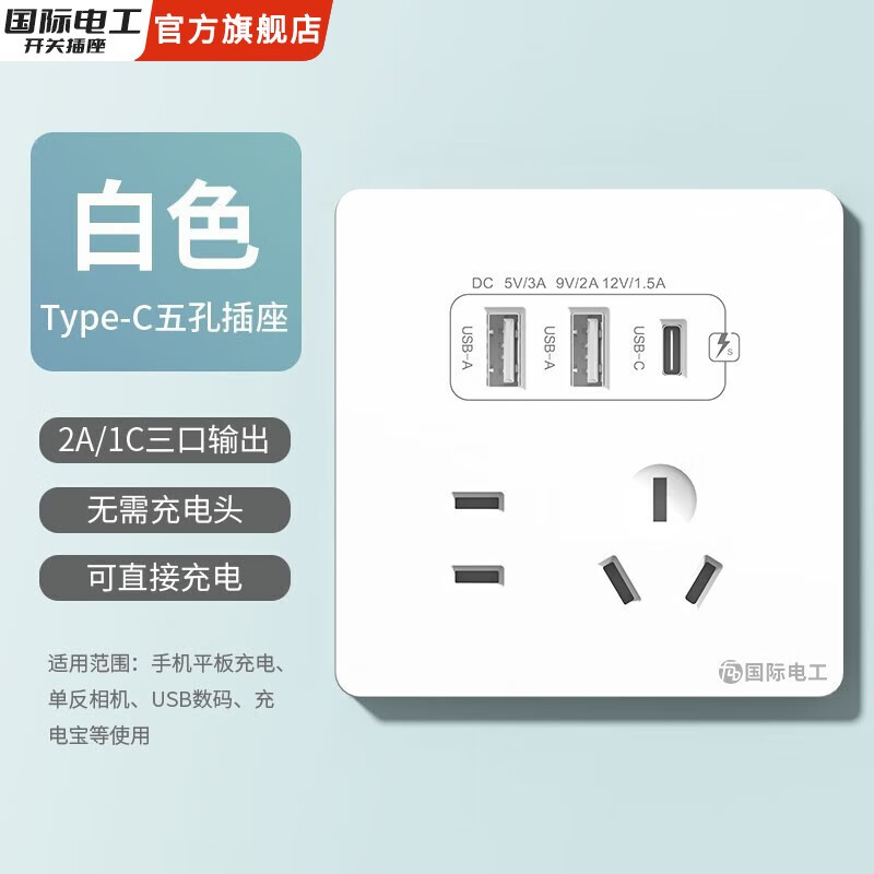 限移动端、京东百亿补贴：fdd 国际电工 国际电工 插座面板 五孔2.1A双USB+type-c白色 9.33元