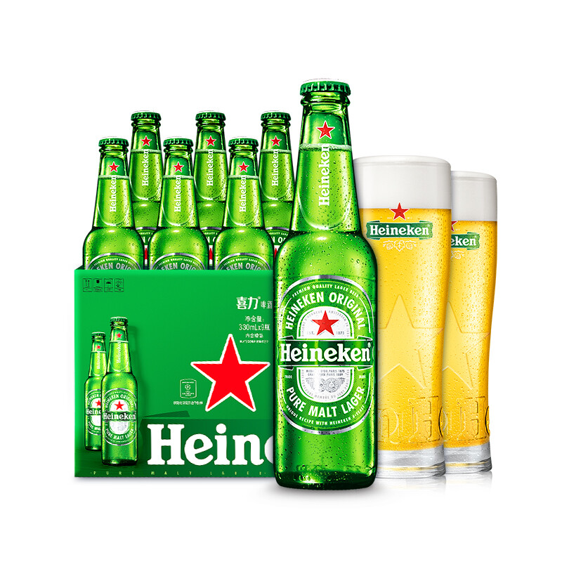 限移动端、京东百亿补贴：Heineken 喜力 经典330ml*9瓶礼盒装（内含玻璃杯2个）喜力啤酒 65.7元