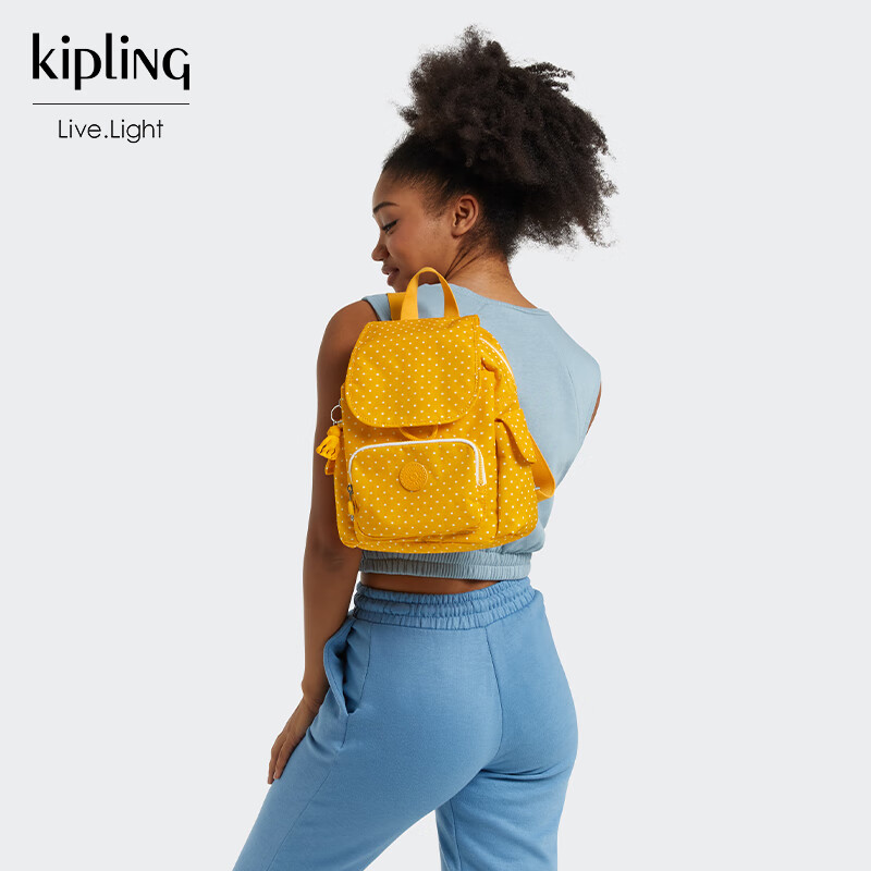 kipling 凯普林 轻便百搭双肩包书包CITY PACK MINI黄底白色方点 237.05元