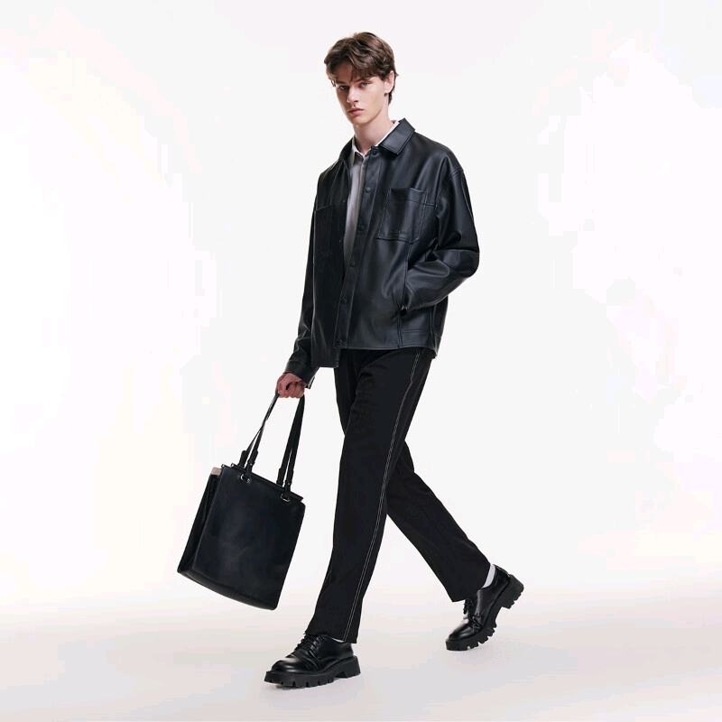 JACK&JONES 杰克琼斯 秋季新款宽松皮衣 舒适简约休闲外套 黑色 306.21元（需领券）