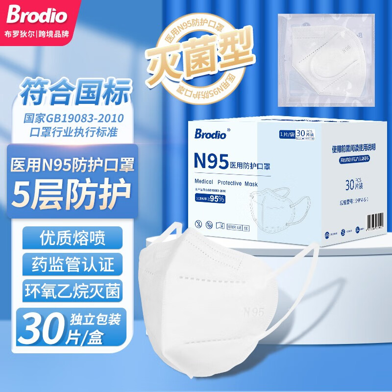 临期品：Brodio 医用口罩N95防护口罩1盒 30枚 2.73元