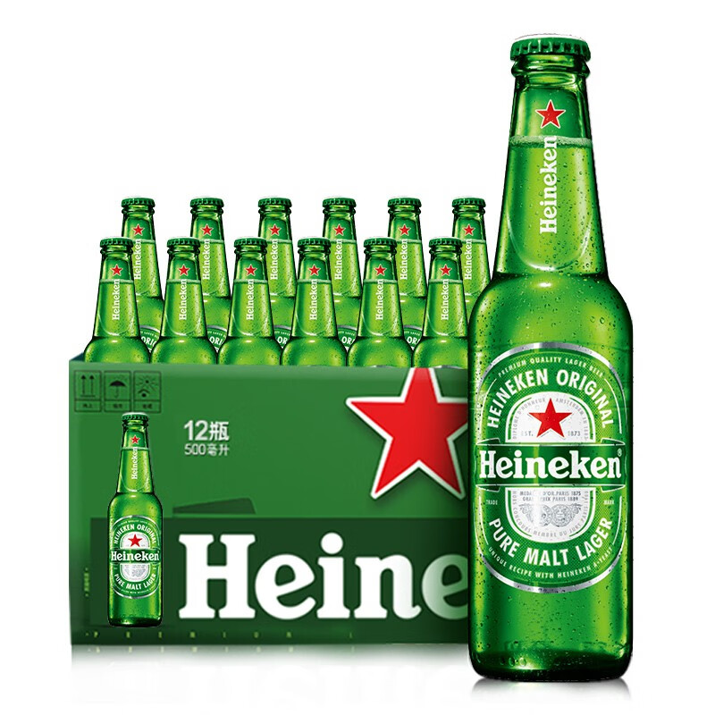 Heineken喜力 啤酒 经典风味麦芽啤酒 整箱装 原麦汁浓度≥11.4°P 500mL 12瓶 77.55元（需用券）