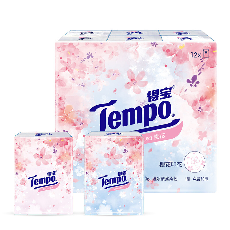 Tempo 得宝 一博同款 手帕纸 樱花味4层7张*12包 湿水不破 纸巾小包 面巾纸 3.99元