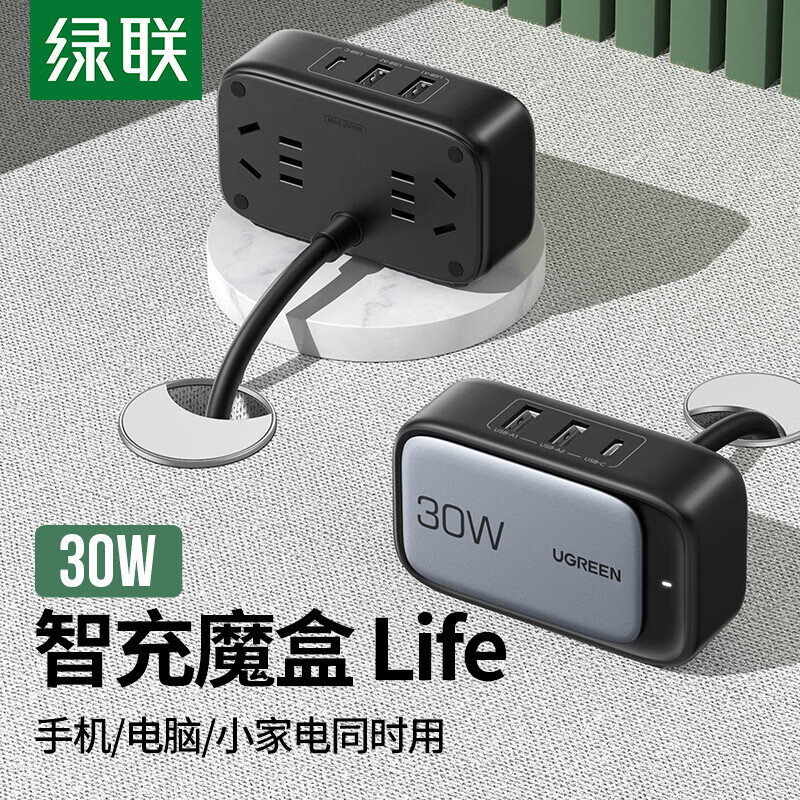 UGREEN 绿联 智充魔盒30W 配1.8米电源线 券后73.8元