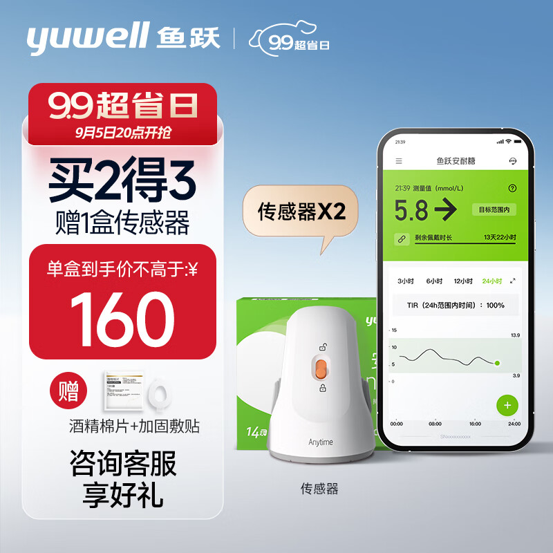 鱼跃（Yuwell）安耐糖动态血糖监测仪免扎手指免采血家用血糖仪CT15 传感器2只装（不含发射器） 689元