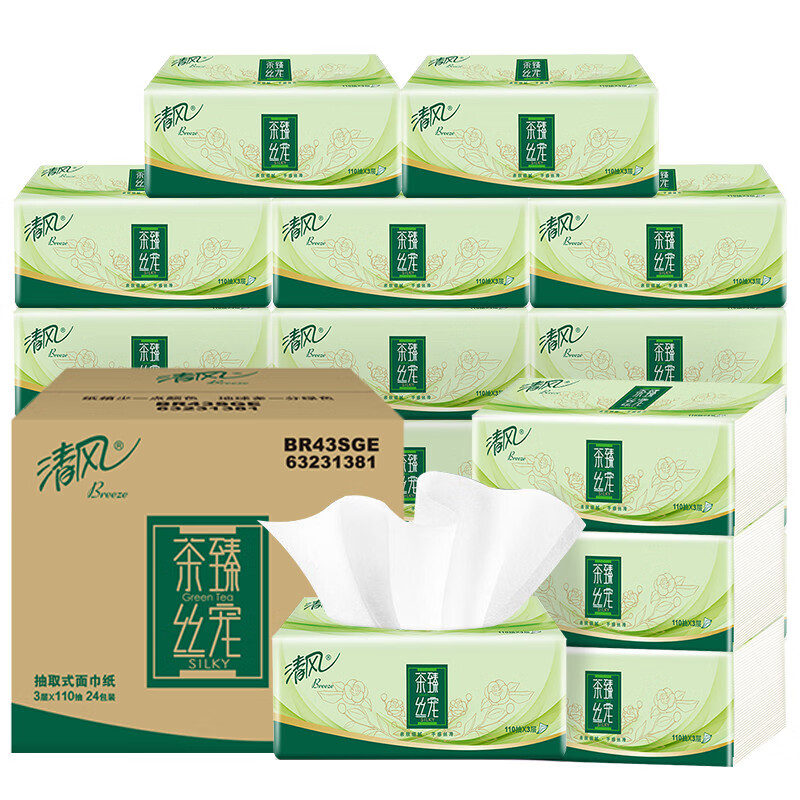 Breeze 清风 原木茶臻抽纸 3层110抽24包 26.9元（80.7元/3件，双重优惠）