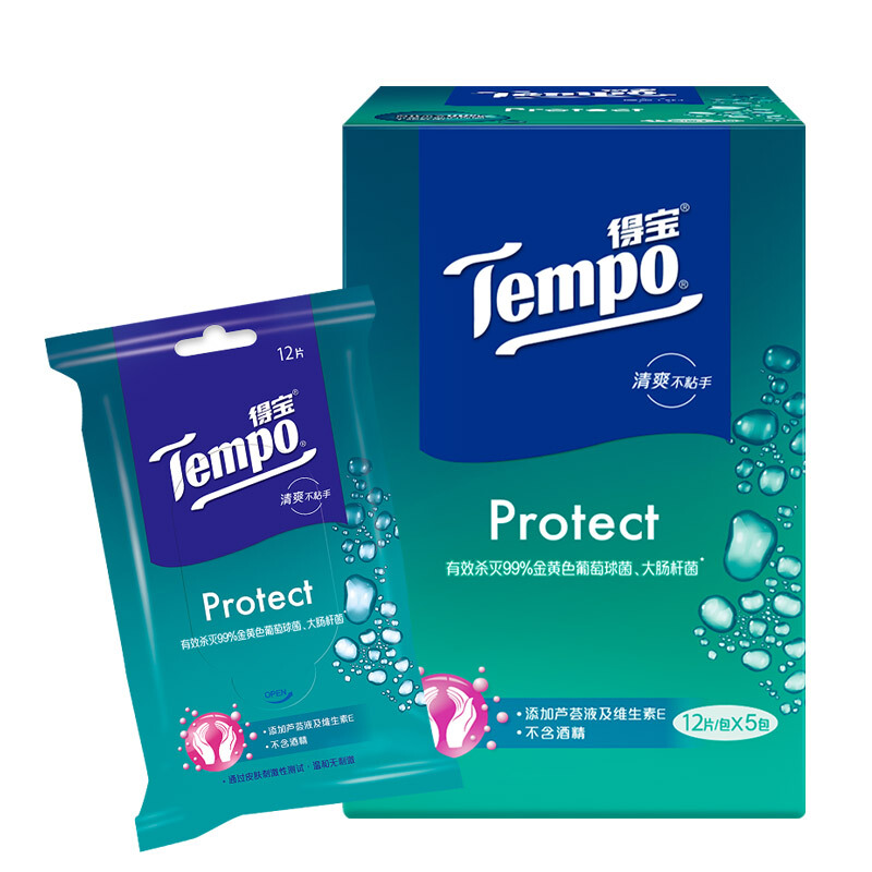 Tempo 得宝 一博同款 杀菌湿巾12片*5包 券后13.66元