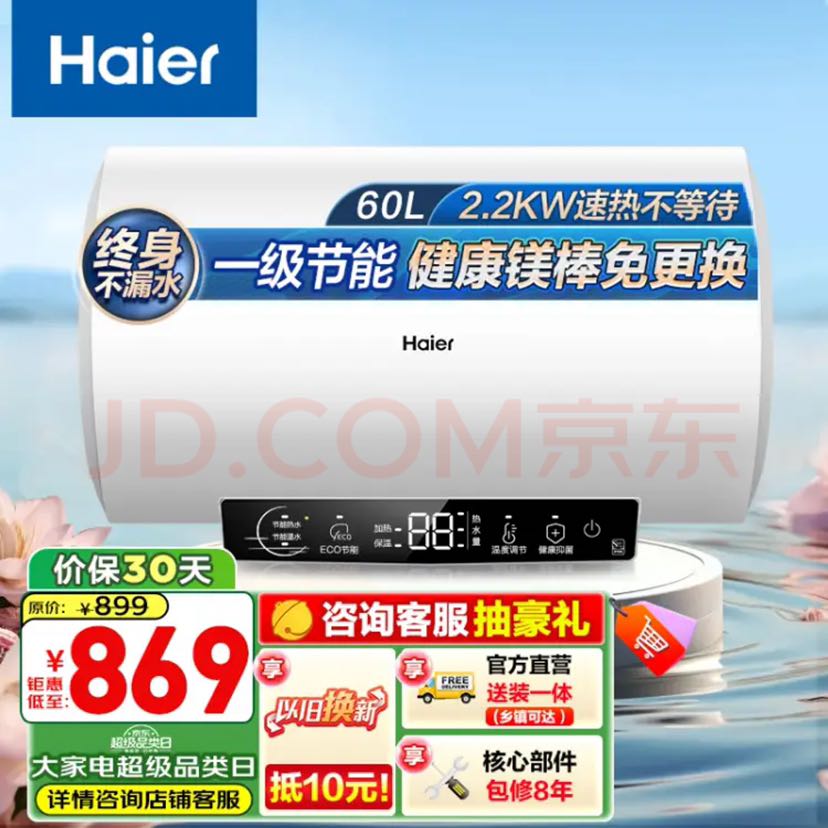 限移动端、京东百亿补贴：Haier 海尔 EC6002-R 储水式电热水器 60L 2200W 832.62元