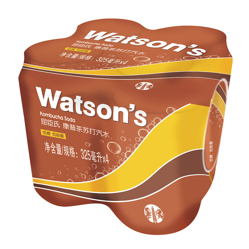 三人团：屈臣氏（Watsons）苏打汽水康普茶味气泡饮料 325ml*4罐连包装 9.9元（包邮，三人团）