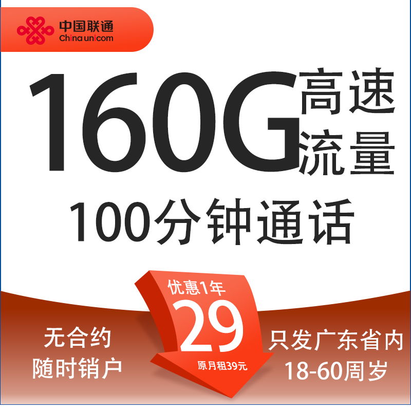 中国联通 望月卡 首年29元月租（160G通用流量+100分钟通话+只发广东省） 0.01元