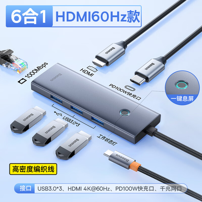 BASEUS 倍思 六合一Typec扩展坞 拓展坞USB-C转USB3.0转接头适用于苹果电脑华为笔记本 88.11元