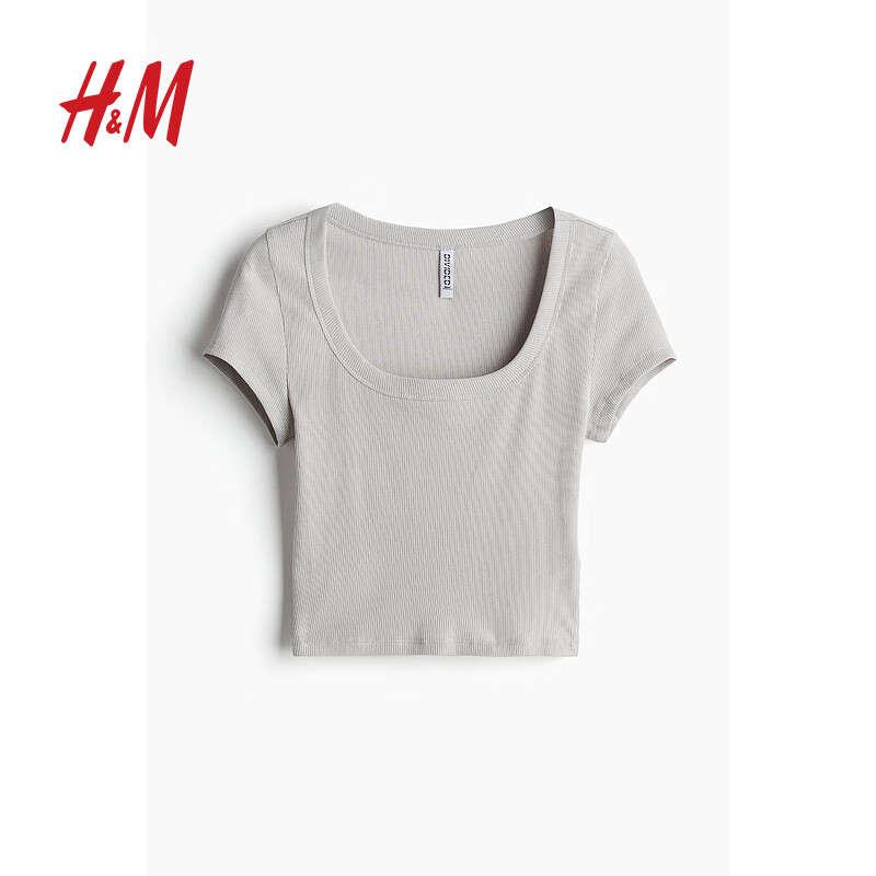 概率券：H&M 女装T恤2024夏季新款简约内搭短袖低圆领罗纹修身短上衣1212806 浅灰色 29.91元