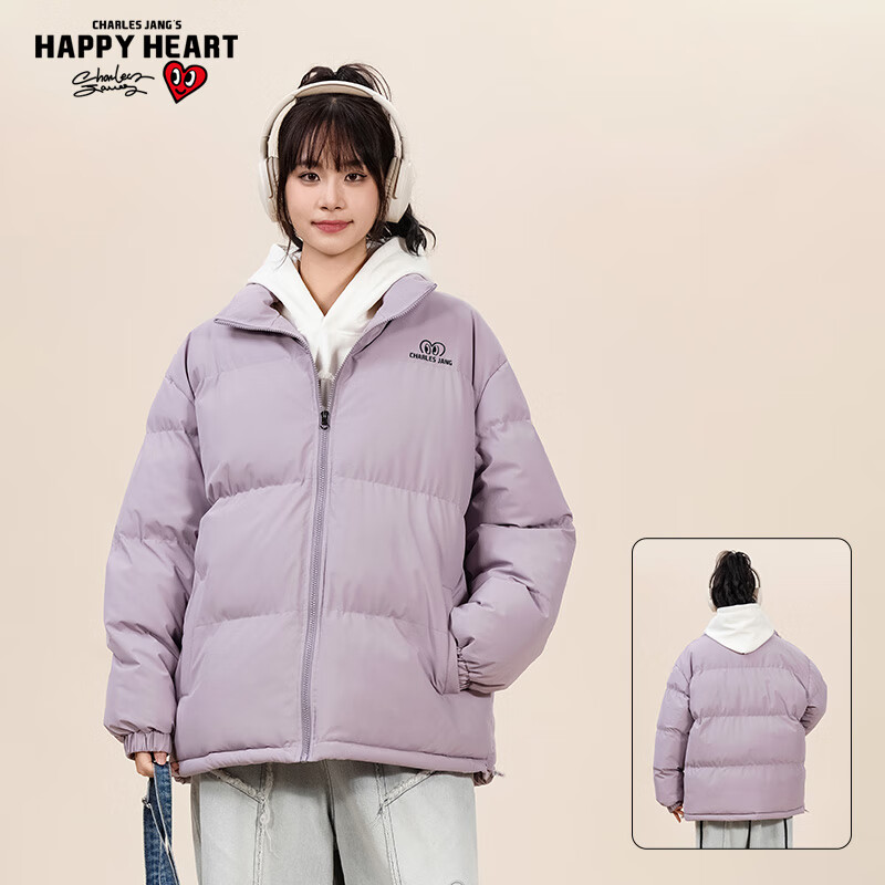 CHARLES JANG\'S HAPPY HEART 查尔斯桃心 美式休闲学生百搭加厚保暖棉服青少年简约糖果色棉衣外套男女同款 香芋紫 3XL 券后77.86元