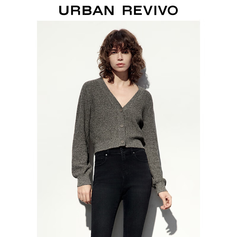 URBAN REVIVO UR2024春季女装复古慵懒休闲简约V领花纱针织开衫UWH940009 深棕花灰 XS 券后86.51元