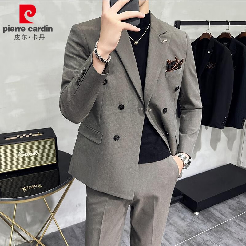 皮尔·卡丹 皮尔卡丹（pierre cardin）双排扣条纹修身西装男套装韩版高级感休闲小西服外套新 698元