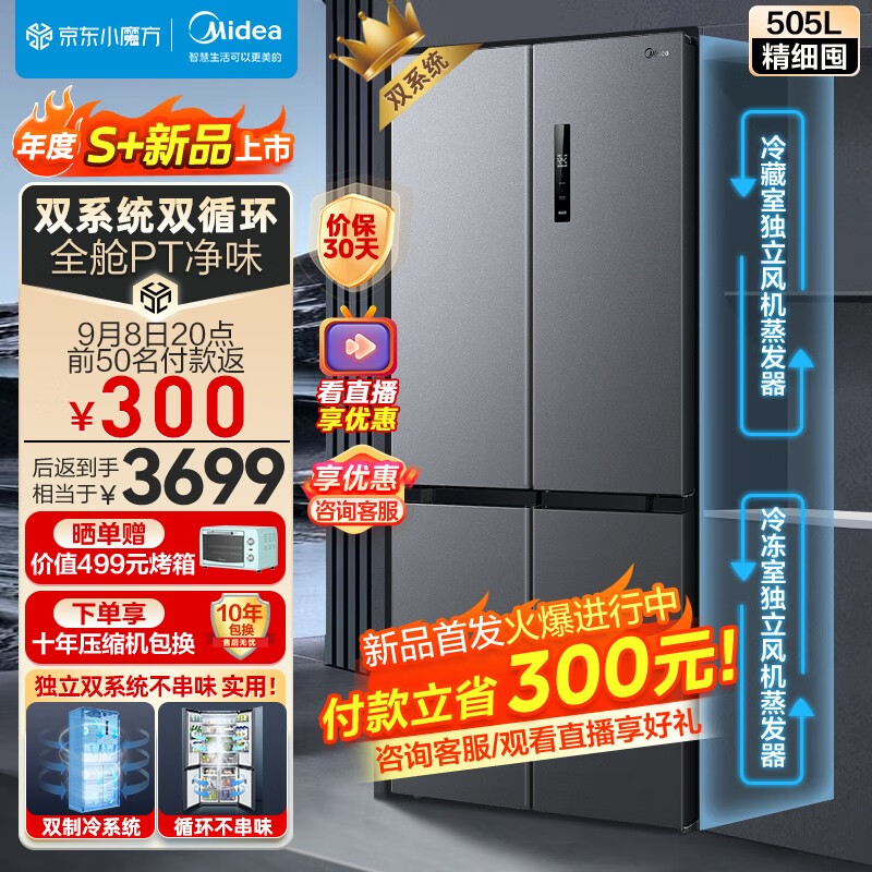 Midea 美的 531雙系統(tǒng)雙循環(huán)對開雙開十字四開門風冷無霜冰箱 MR-531WSPZE 券后1850元