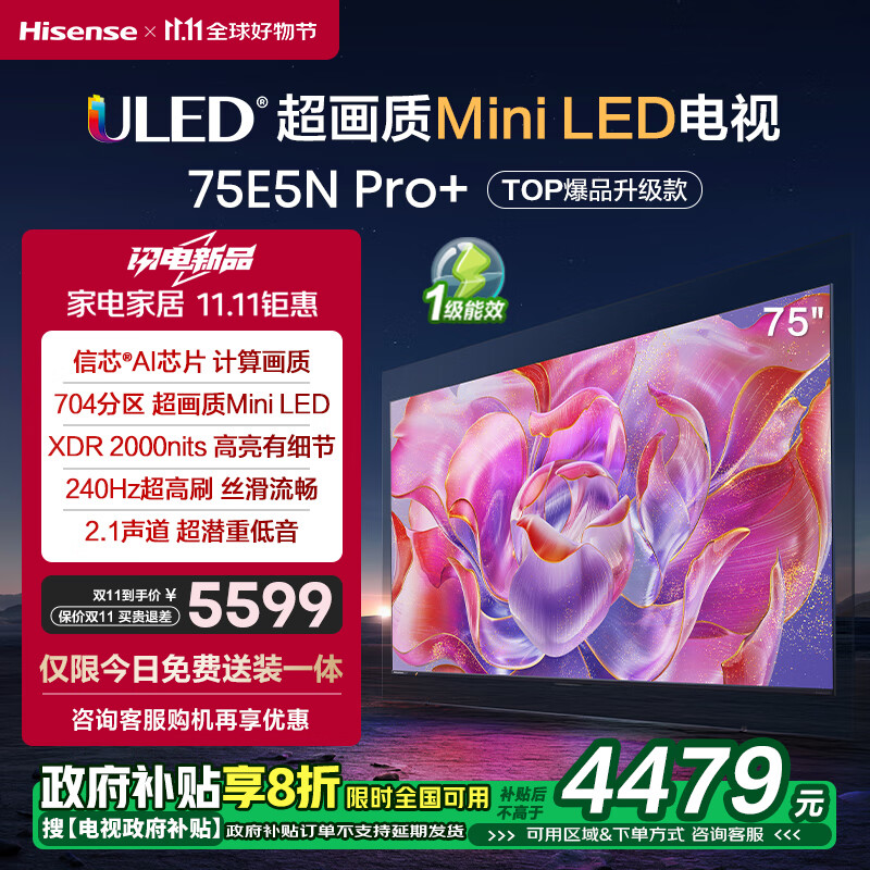 限移動端、京東百億補貼：Hisense 海信 電視75E5N Pro+ 75英寸 704分區(qū)Mini LED 240Hz高刷 超薄大屏智慧屏E5ND-PRO 能效補貼 券后4445.28元