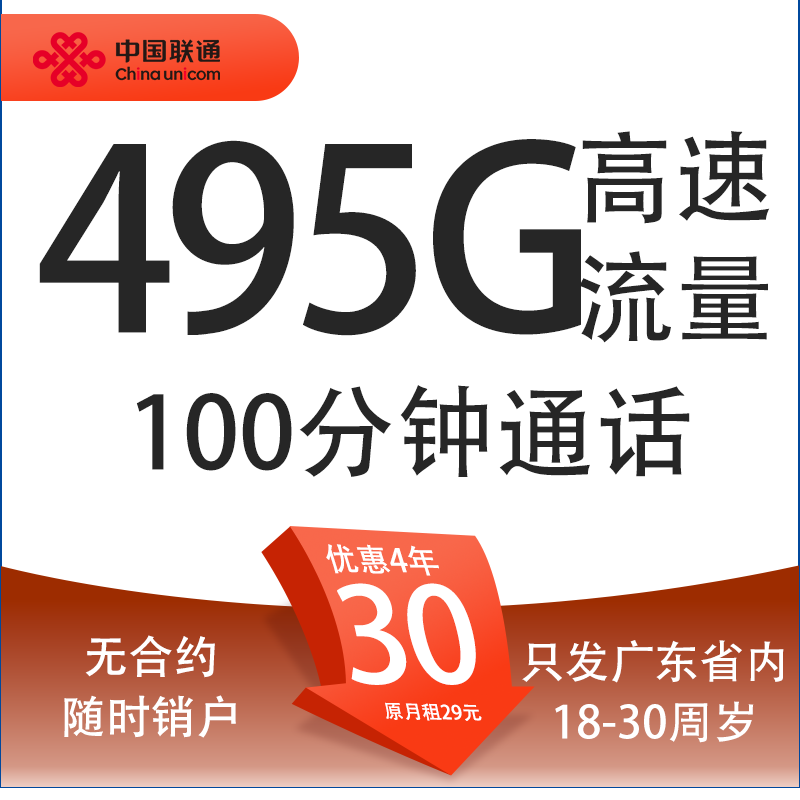 中國聯(lián)通 碧?？?30元月租（495G流量+100分鐘通話+只發(fā)廣東?。┫?8-30周歲辦理 0元