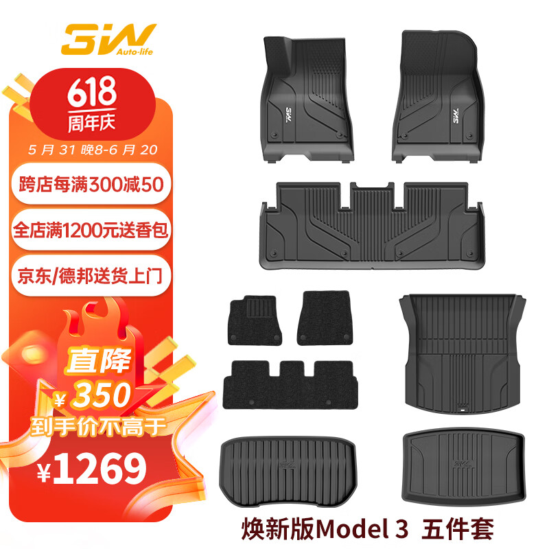 3W 特斯拉model3煥TPE汽車腳墊+毯面+尾箱墊+前后倉5件套/ 1068元