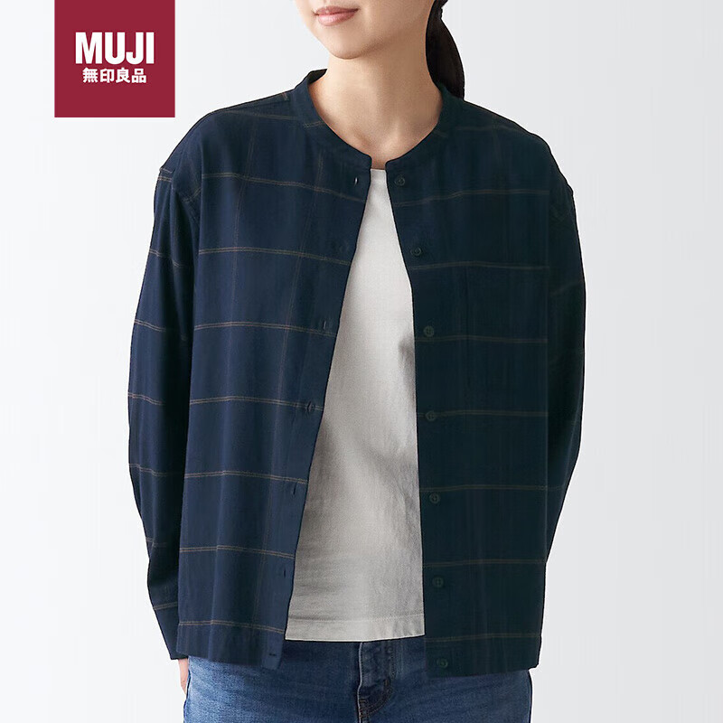 MUJI 無印良品 無印良品（MUJI）女式 法蘭絨 立領(lǐng)襯衫 深海軍藍(lán)X格子 94.5元