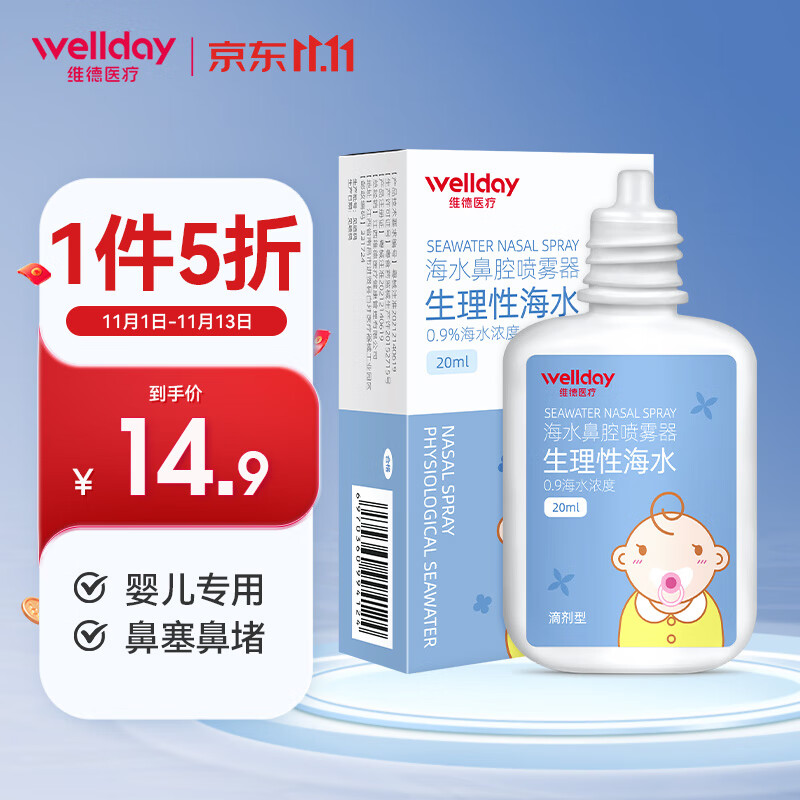 WELLDAY 維德 等滲生理鹽水嬰兒洗鼻噴霧劑20ml 14.9元