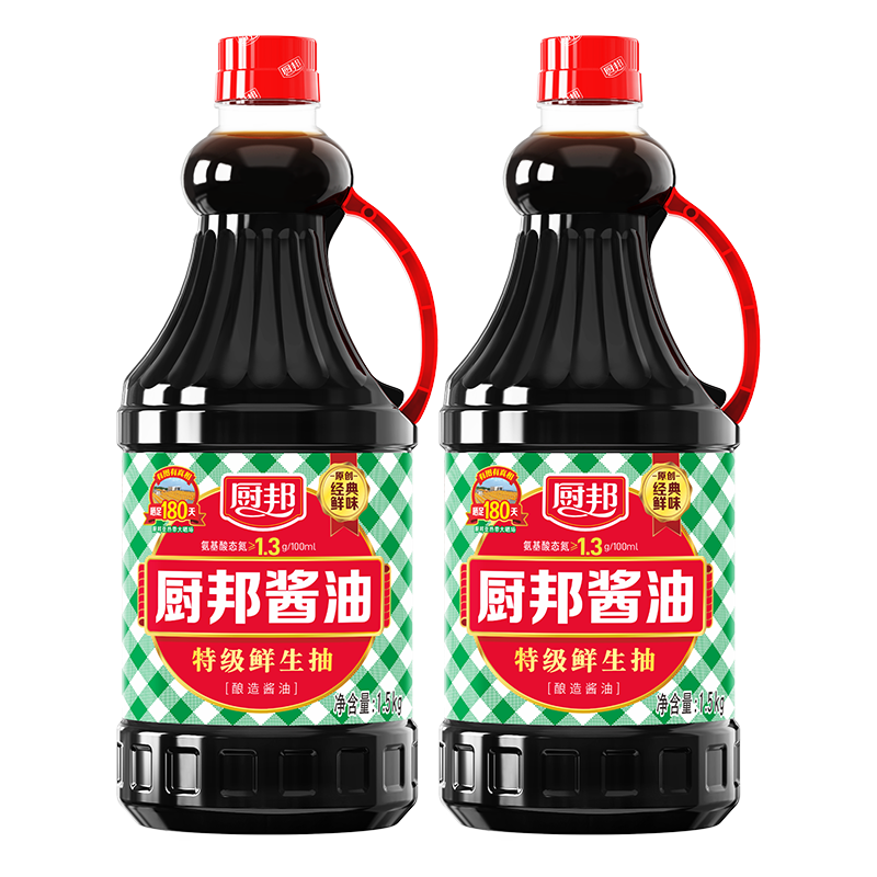 京東百億補貼、需首購：廚邦醬油 特級生抽 傳統(tǒng)釀造醬油 1.5kg*2 返后24.36元包郵（返2元卡）