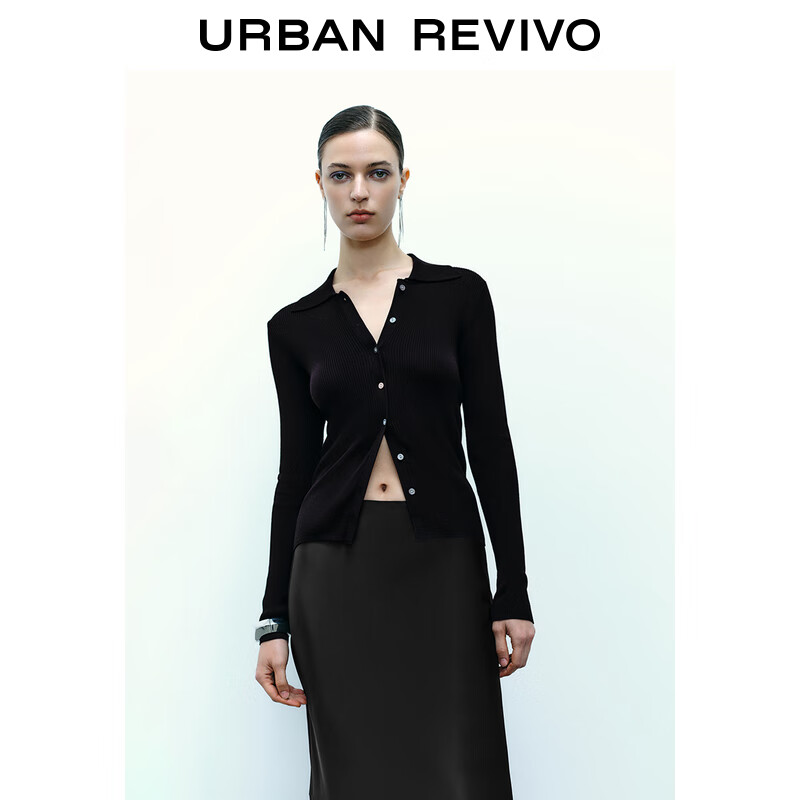 URBAN REVIVO 秋季女裝法式坑條修身翻領(lǐng)針織開衫 UWM940012 239元