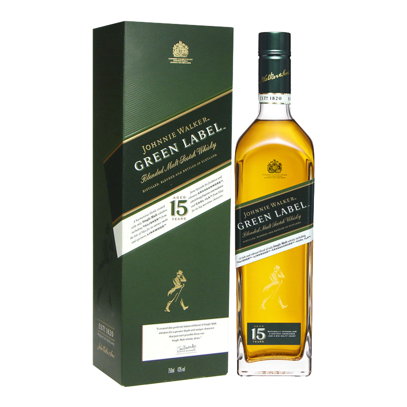 PLUS會員：尊尼獲加（JOHNNIE WALKER）綠方綠牌15年 蘇格蘭調(diào)和威士忌 洋酒750ml 254.55元（湊單到手225.49元）