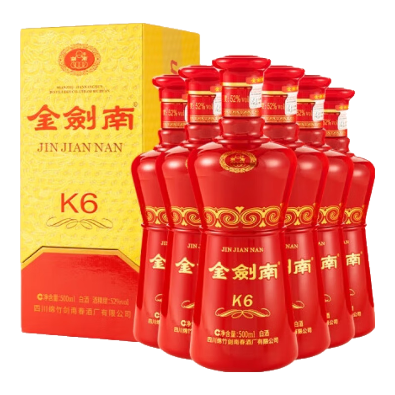 Plus会员:剑南春 金剑南K6 52度 500ml*6瓶 整箱装 浓香型 +赠100ml*3瓶 696.51元（需领券）