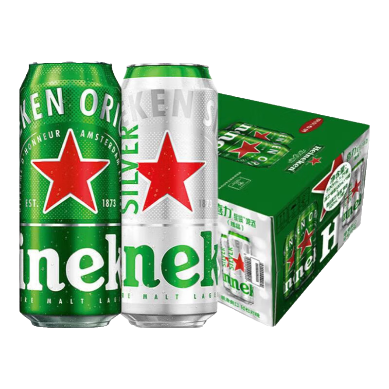 Heineken 喜力 混裝經典星銀啤酒500mL 21罐*2件（贈進口0.0系列150ml*24罐） 258.85元，折129.29元/件（需領券）