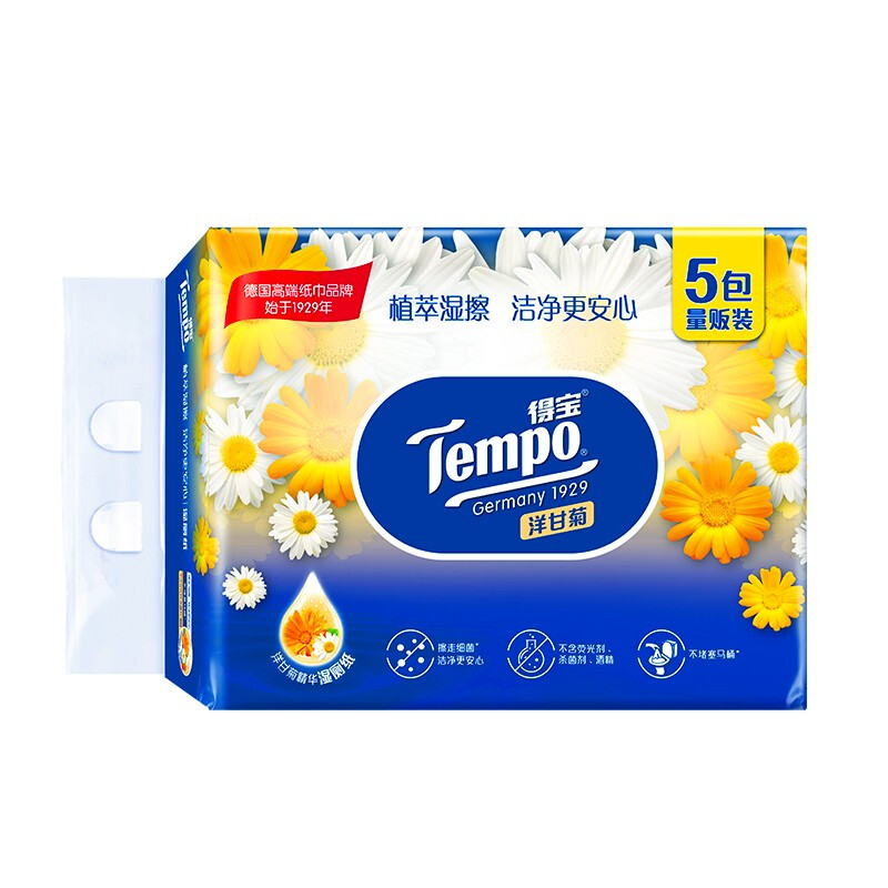 京东PLUS：Tempo 得宝 洋甘菊湿厕纸 40片*5包 植萃精华 可冲散 券后38.1元