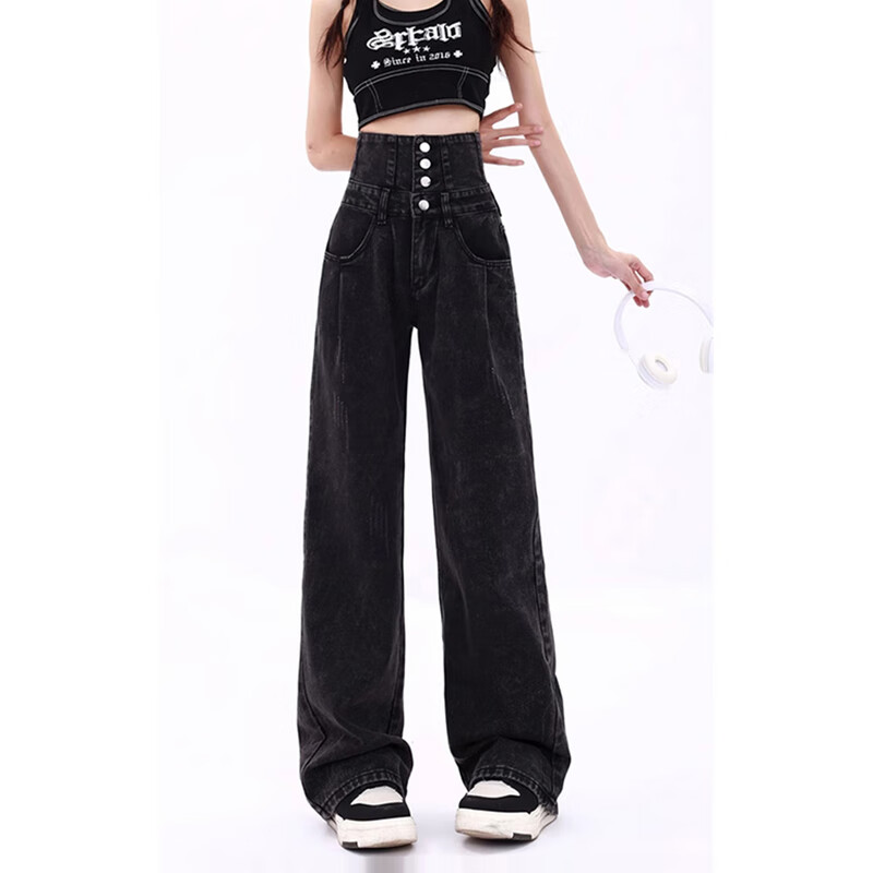 JEANSWEST 真维斯 女装高腰宽松牛仔裤 2024冬季新品 复古黑色显瘦阔腿裤G2 复古8010 160/68A/S 券后44.9元