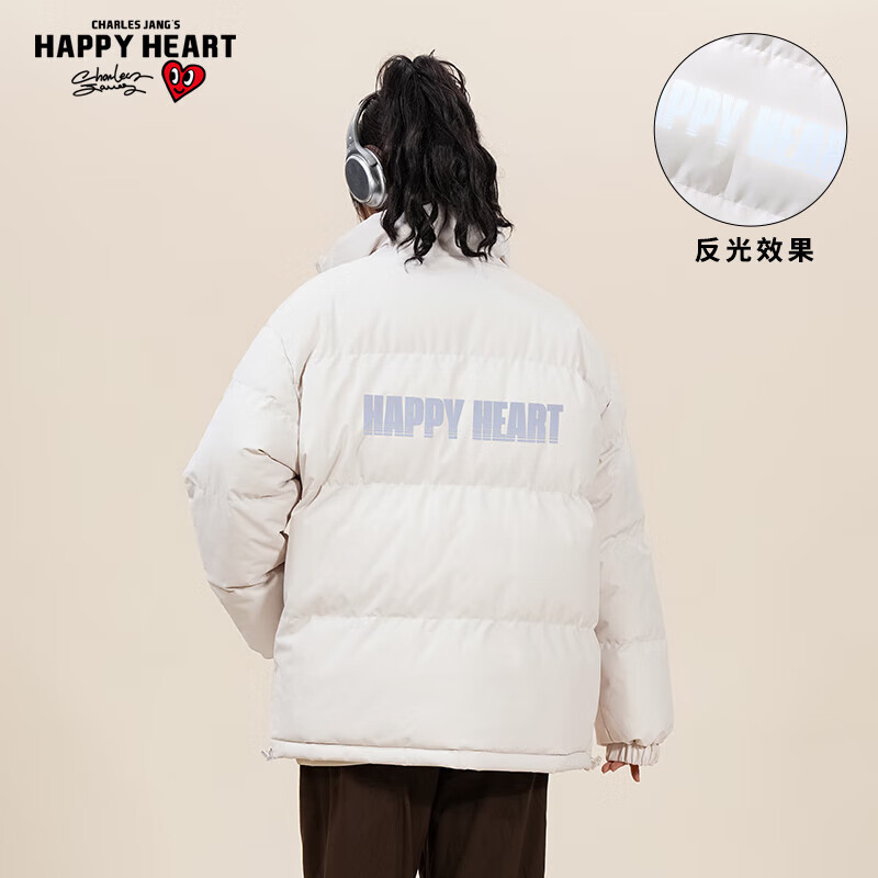 CHARLES JANG\'S HAPPY HEART 查尔斯桃心 加厚保暖美式休闲学生面包服宽松立领反光字母棉衣外套男女同款 券后97.01元