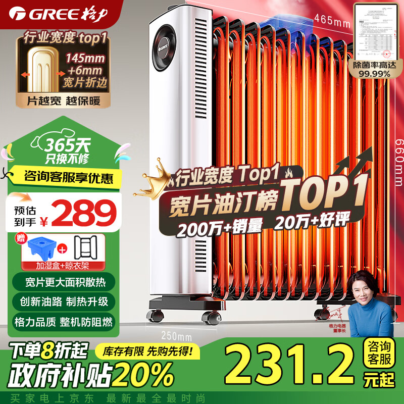 限移动端、京东百亿补贴：GREE 格力 NDY23-X6022 电热油汀 13片 289元