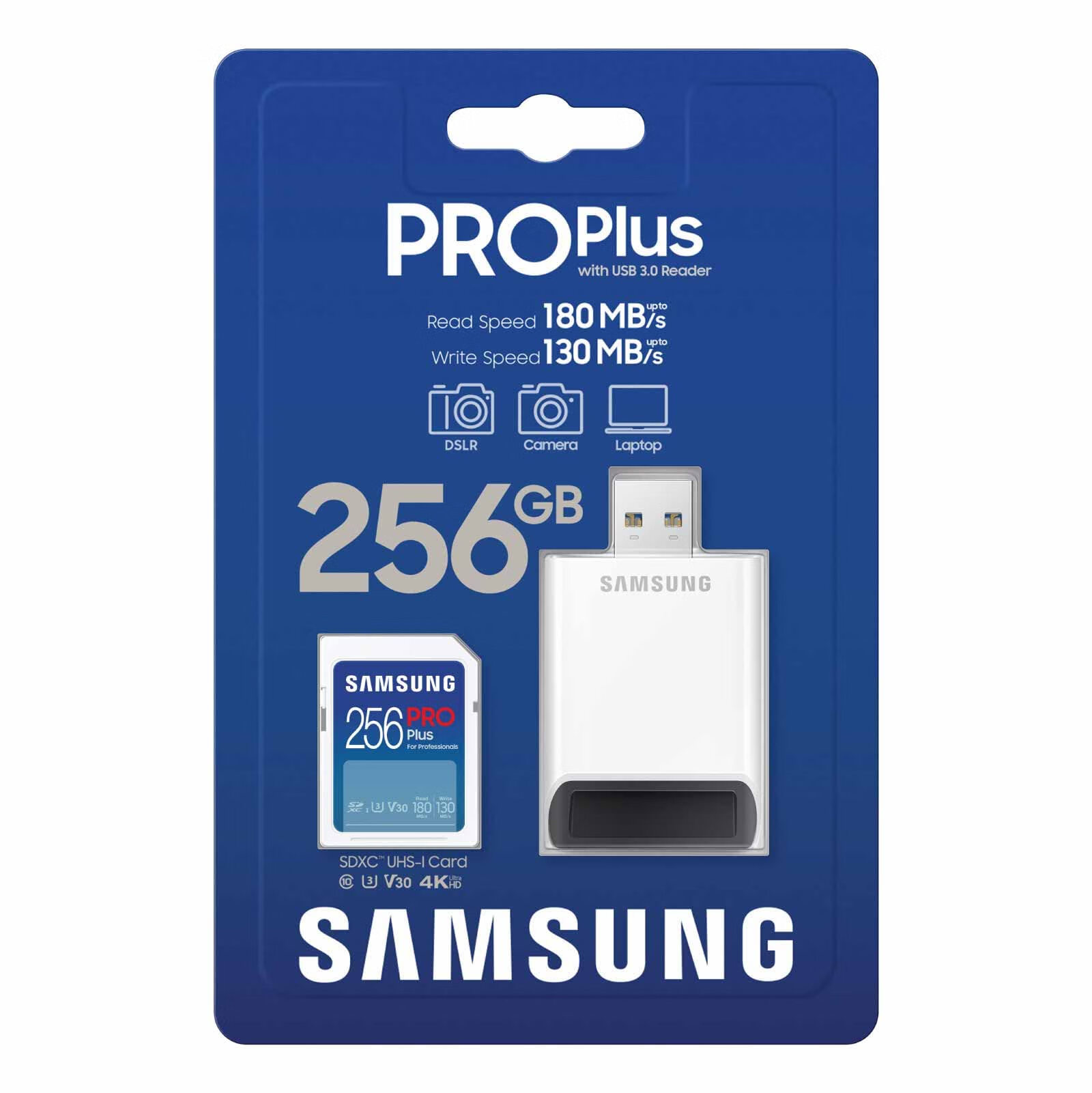 SAMSUNG 三星 PRO Plus 256GB内存卡+读卡器套装 高速PRO蓝卡 SD存储卡 C10/U3/V30 适用微单/单反相机 券后153.64元