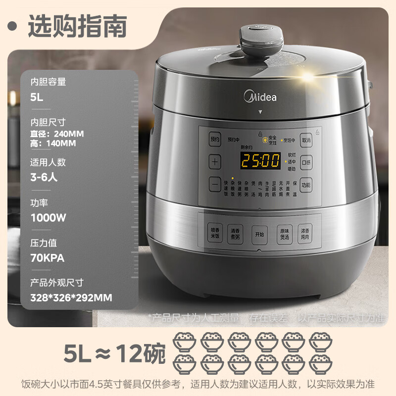 以旧换新补贴：Midea 美的 MY-C5856G 电压力锅 5L 203.87元（需凑单1件、晒图返20元e卡后）