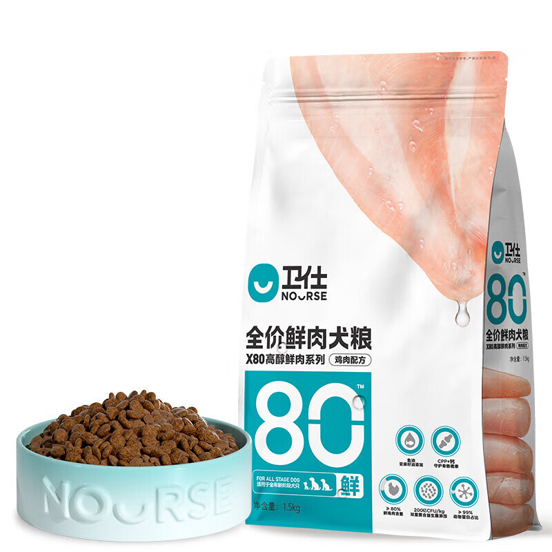 京东PLUS：NOURSE 卫仕 狗粮 X80鲜肉犬粮1.5kg 85.05元（双重优惠）