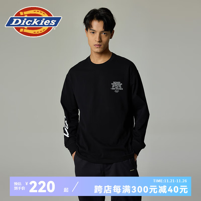 Dickies 帝客 男士字母印花长袖T恤 卫衣男 休闲百搭背后大图案卫衣 DK0A87FF 黑色 2XL 223.33元