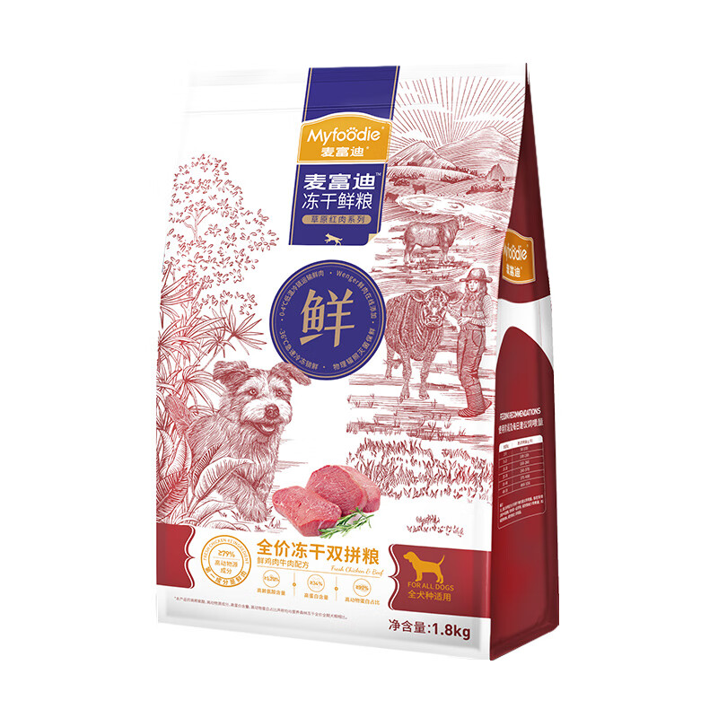 Myfoodie 麦富迪 狗粮 冻干鲜粮全价冻干双拼全期犬粮（鲜鸡肉牛肉配方） 1.8kg 35元