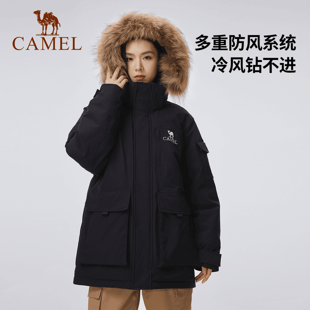 CAMEL 骆驼 冬季工装派克大毛领加厚羽绒服男女 幻影黑,男女同款 M 741.69元