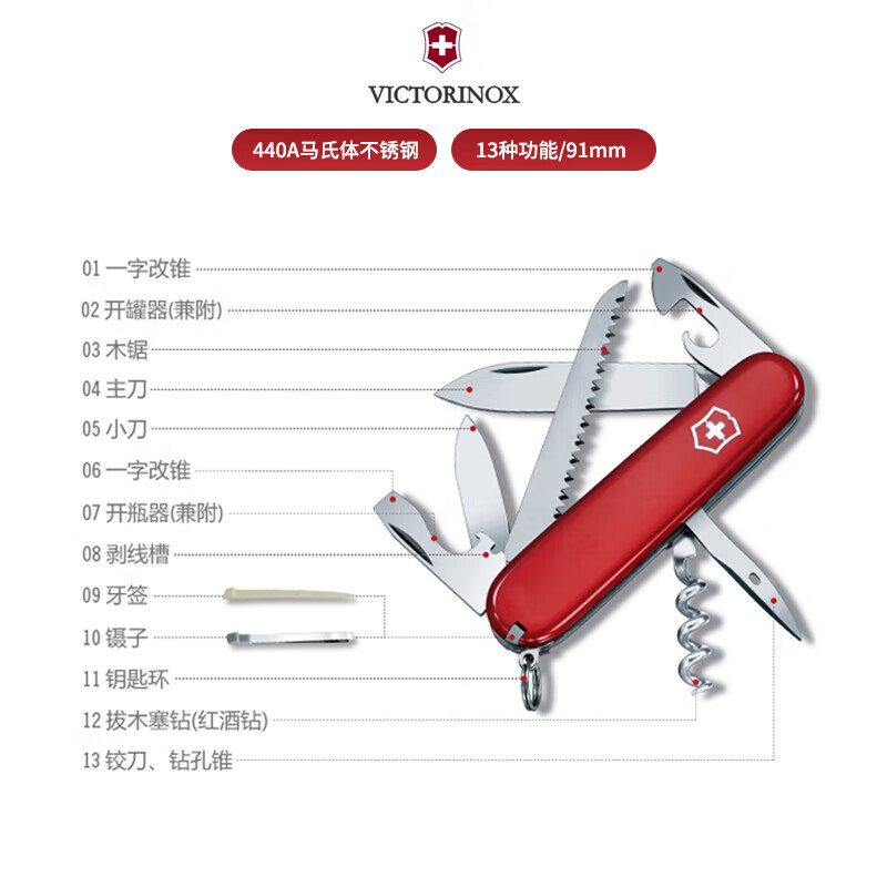 VICTORINOX 维氏 瑞士军刀 露营者 91mm 13功能 多功能折叠刀 125.15元