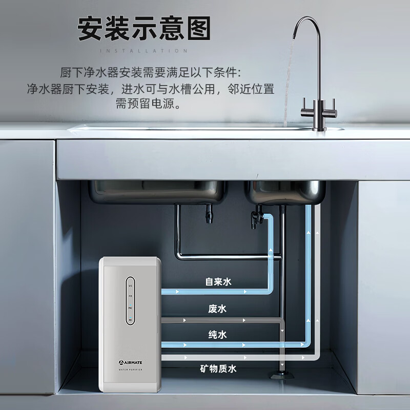 限移动端、京东百亿补贴：AIRMATE 艾美特 净水器家用厨下式净水机1000G大通量 RO反渗透厨房自来水直饮机过滤器 轻音双出水AR8 750元