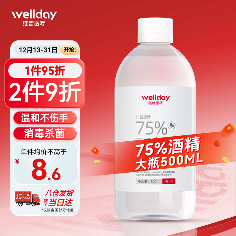 WELLDAY 维德 75%酒精消毒液医用乙醇消毒液 卫生清洁杀菌便携500ml 15.01元