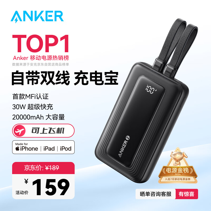 Anker 安克 A1681 zolo旅行充電寶 黑色 20000mAh 30W 159元