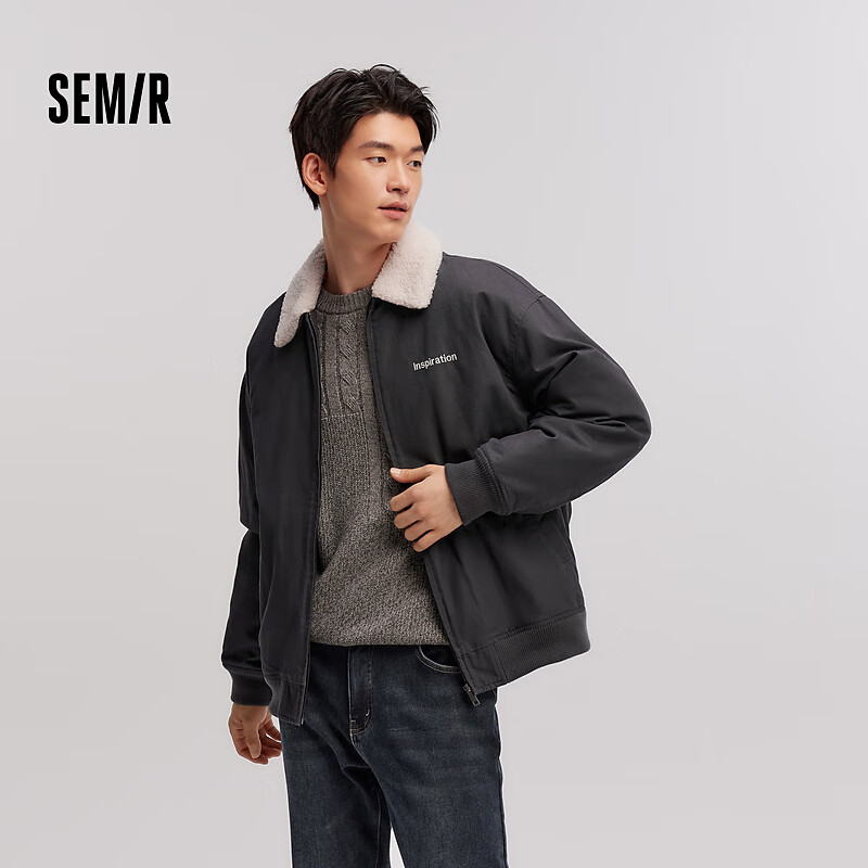 Semir 森馬 夾克男2024冬季復(fù)古拼接仿羊羔毛翻領(lǐng)外套寬松繡花棉服潮 深灰20902 175/92A/L 159.05元