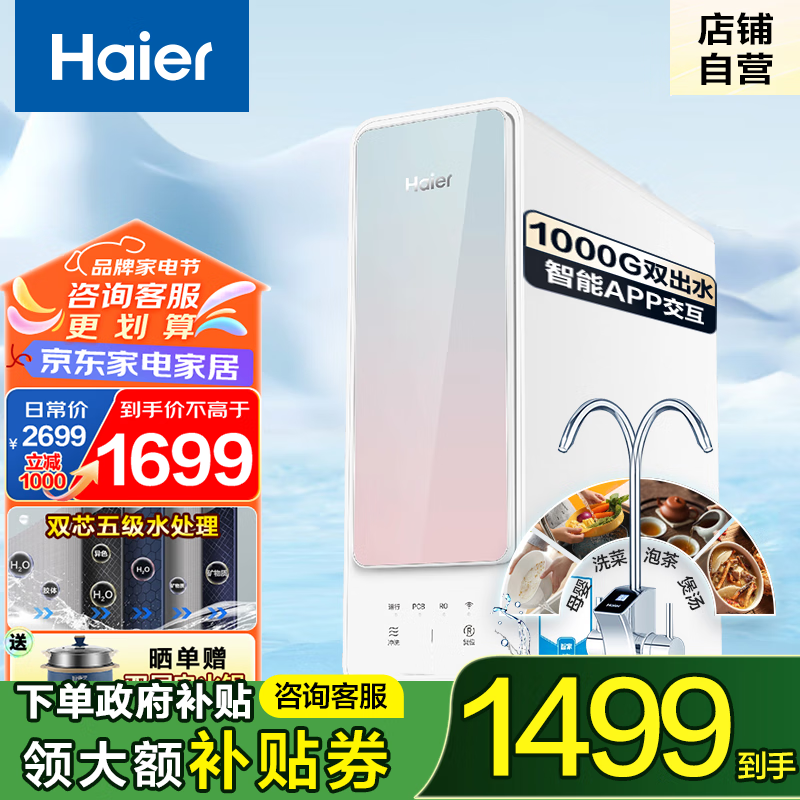 Haier 海爾 凈水器家用廚下式雙出水RO膜反滲透母嬰直飲大通量1000G鮮活水過濾器凈水機(jī) 廚下鮮活水凈水器 1599元