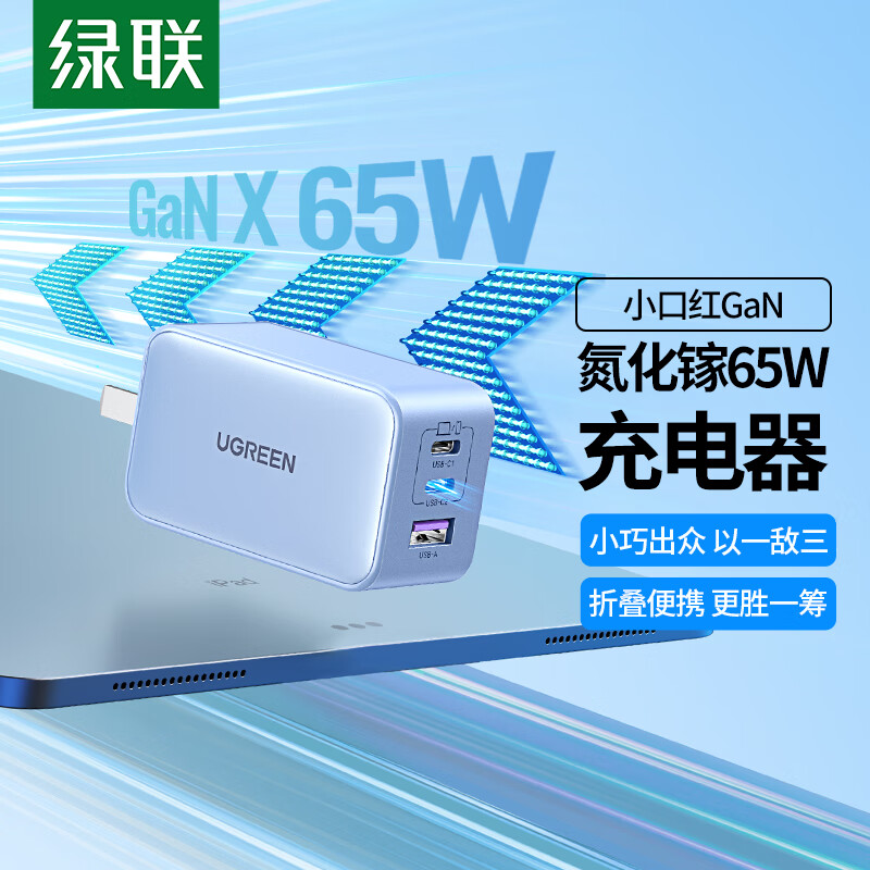 UGREEN 綠聯(lián) GaN氮化鎵PD65W多口充電器快充頭小口紅適用蘋果iPhone15/14手機(jī)MacBook筆記本電腦 70.78元